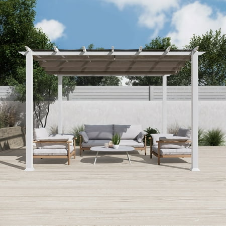 Paragon Outdoor 11' x 11' Florence Aluminum Pergola in White with Cocoa Convertible Canopy
