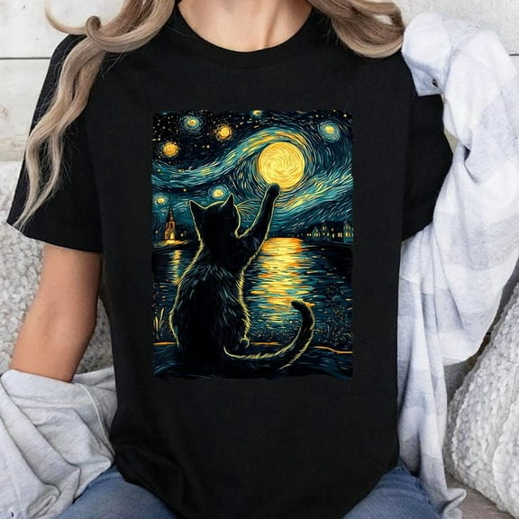 Black Cats Lover Starry Night Vincent van Gogh T-Shirt, Men's And Women's Graphic Tee 100% Cotton by TBun, Full Sizes S-5XL