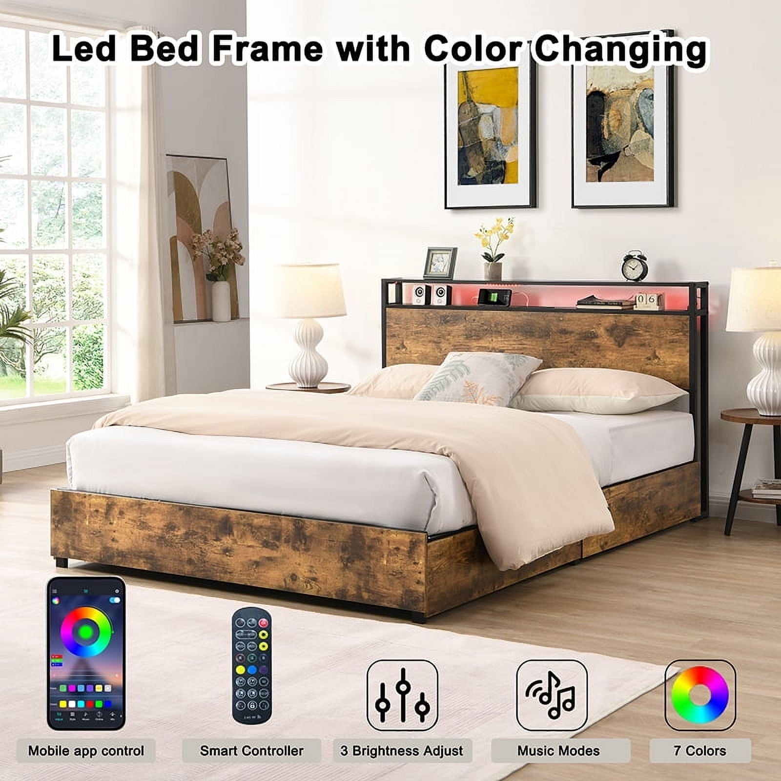 Yoneston LED Light Full Metal Platform Bed Frame with 2-Tier Storage USB Charging Station Headboard and 4 Large Side Drawers for Kids Teens Adults, Brown