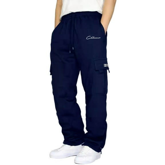 Caqnni Men's Casual Drawstring Elastic Waist Flap Pocket Street Jogger Cargo Pants Sweatpants (Navy,XXL)