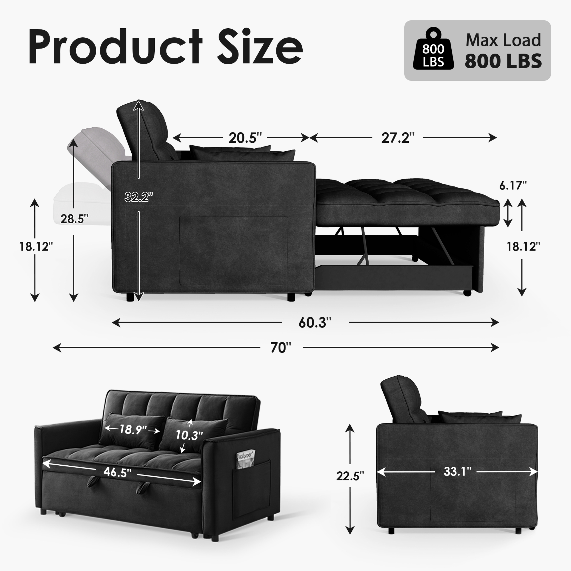 Anpport 3-in-1 Convertible Sleeper Sofa Bed, Black photo 2
