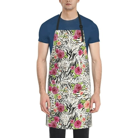 

Pofeuu Roses Mixed Zebra Print Waterproof Apron with Pockets Adjustable Cooking Aprons Kitchen Bib for Baking Household Cleaning