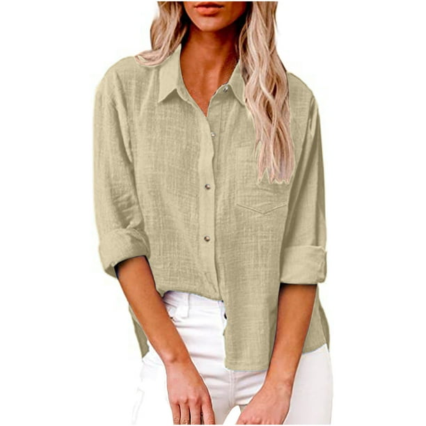 Women's Cotton Linen Button Down Shirts Long Sleeve Solid Color Lapel V  Neck Casual Fall Work Blouses Tunic Tops