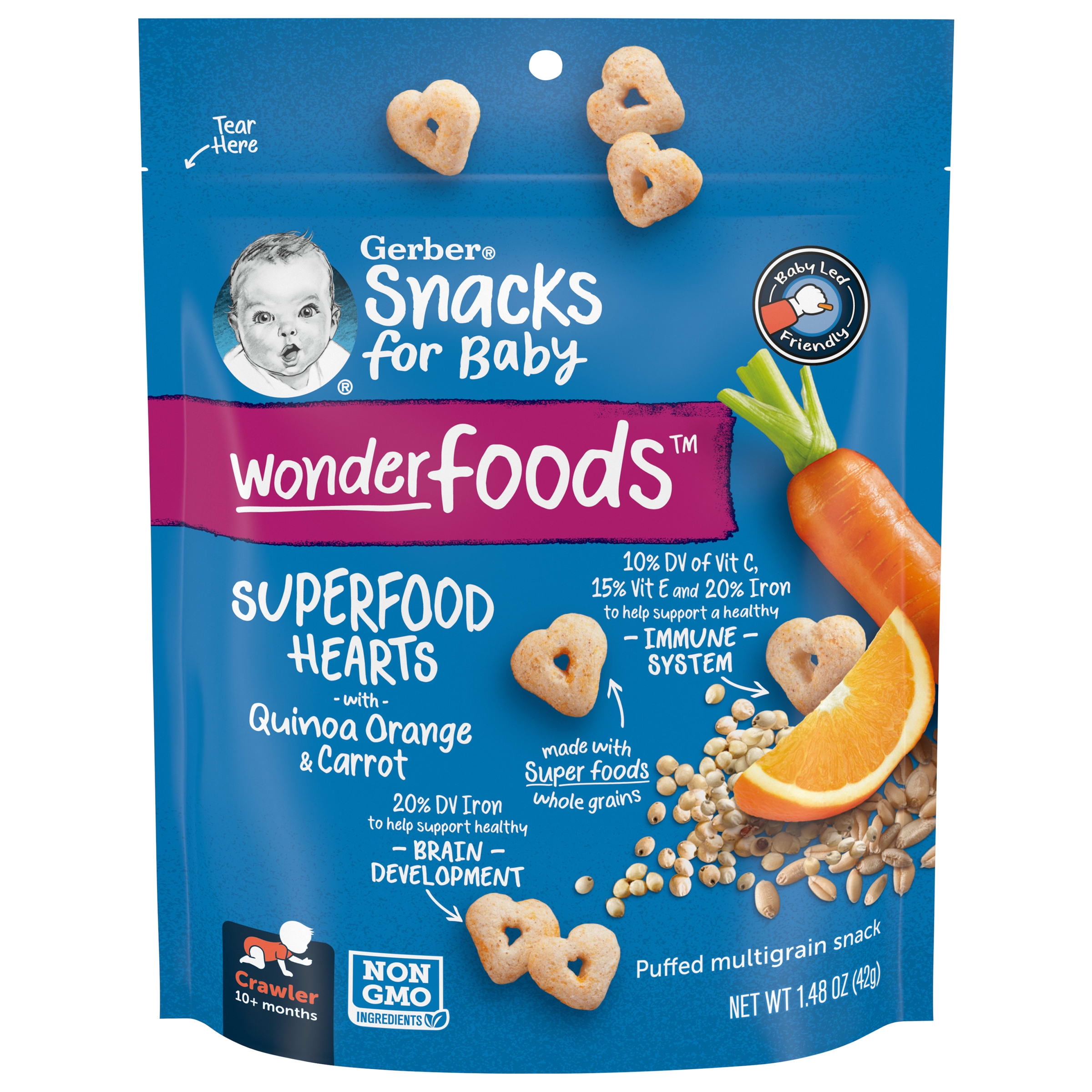 Gerber Snacks for Baby WonderFoods SuperFoods Hearts Quinoa Orange Carrot, 1.48 oz Bag