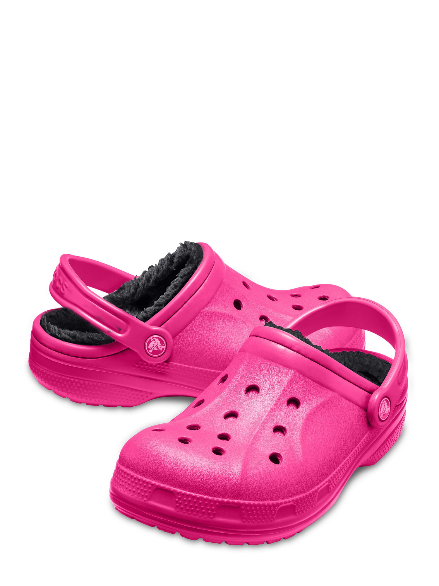 pink crocs with white fur