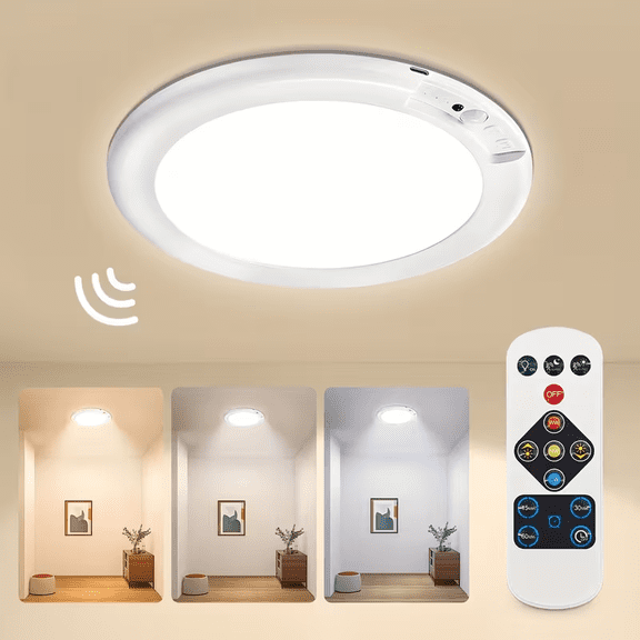 Gaormii Rechargeable LED Ceiling Light with Remote, Motion Sensor 3 Color Dimmable Wireless Magnetic Closet Light, Battery Operated Shower Light for Shed Pantry.
