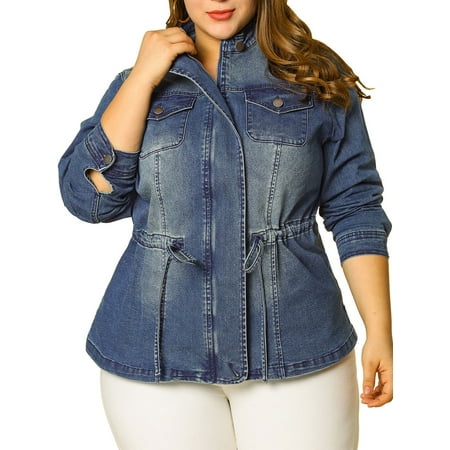 Women's Plus Size Stand Collar Zip-up Drawstring Denim Jacket 1X Dark Blue