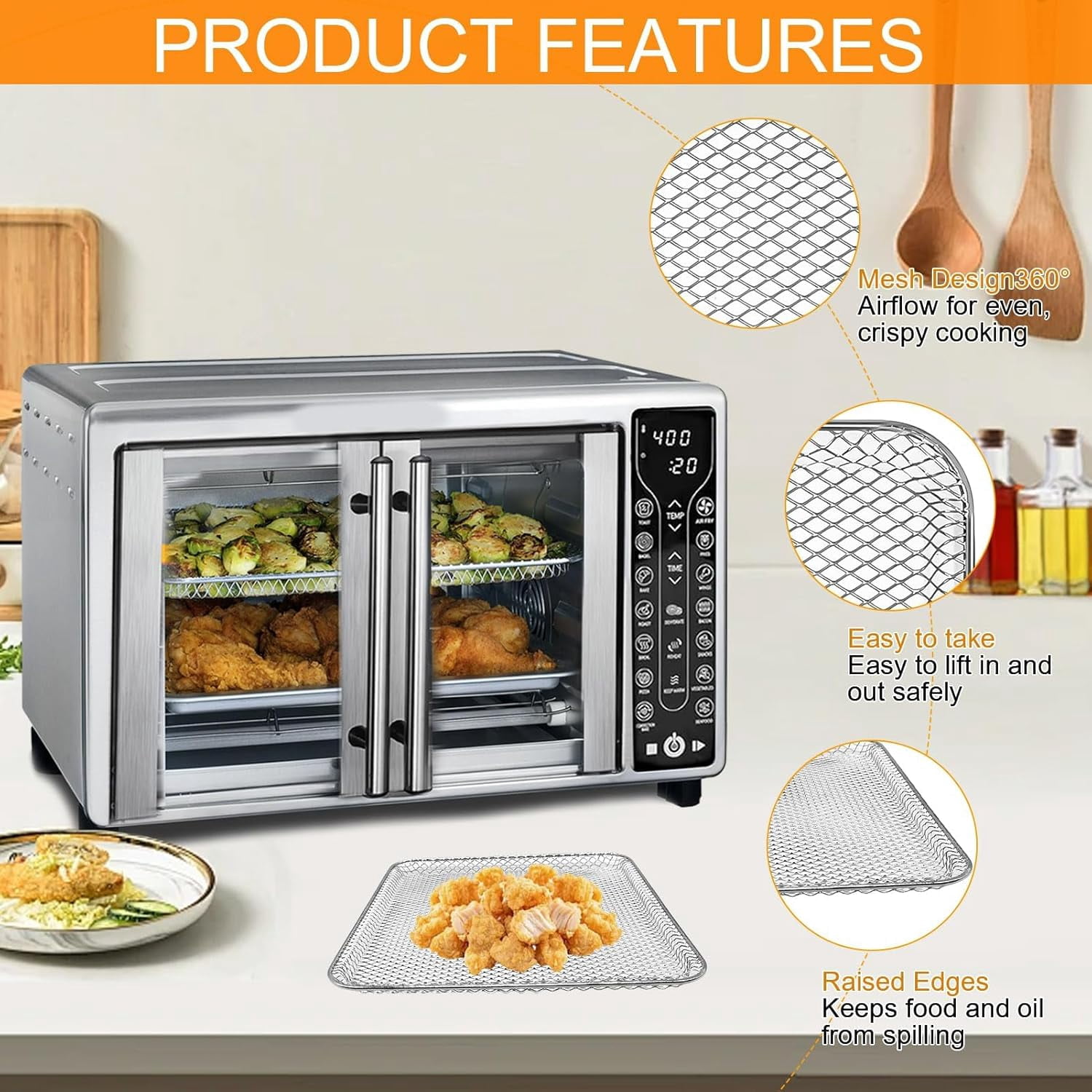 Air Fryer Basket Replacement for Gourmia GTF7655 GTF7460 GTF7465 GTF7520- Toaster Oven Accessory Parts for 24L Capacity 1700W French Door Digital Air Fryer Oven with 17 Cooking Presets