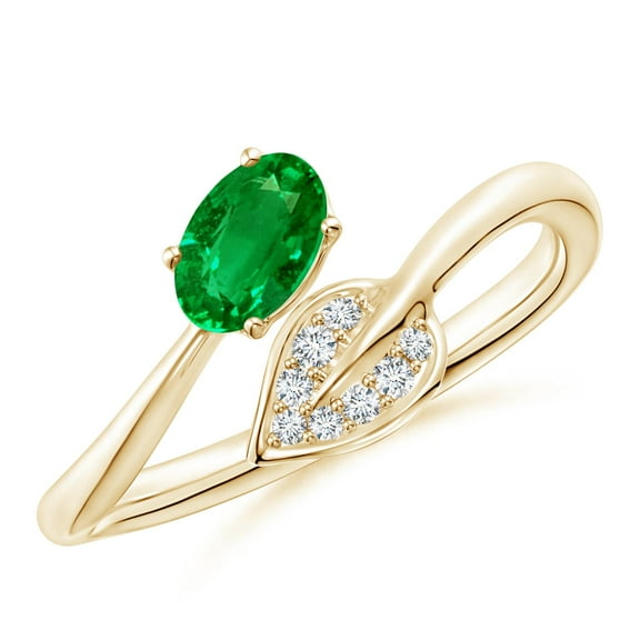ANGARA Lab Grown Nature Inspired Emerald Bypass Ring with Diamond Leaf for Women in 14K Yellow Gold (Size-6x4mm) | May Birthstone, Anniversary, Jewelry Gift for Women | Lab-Grown Emerald Ring