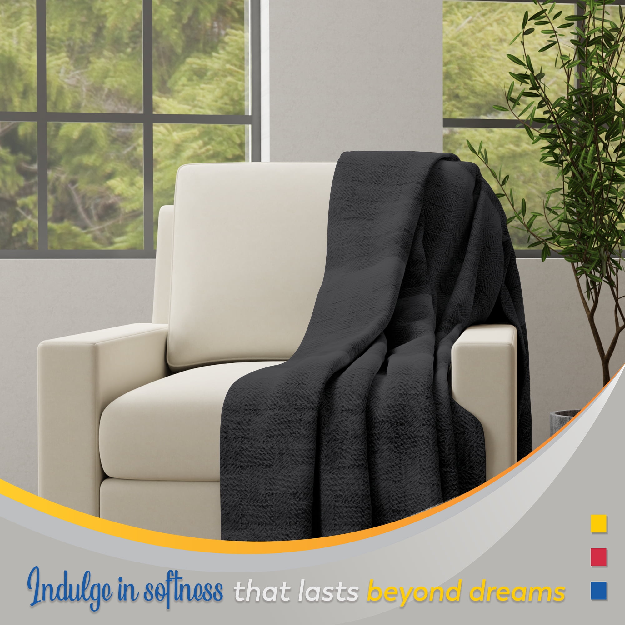 Color Sense 100% Cotton Basket Weave Throw Blanket- Lightweight, Soft and Warm for Couch, Sofa and Bed- Full/Queen (90"X90") Dark Gray