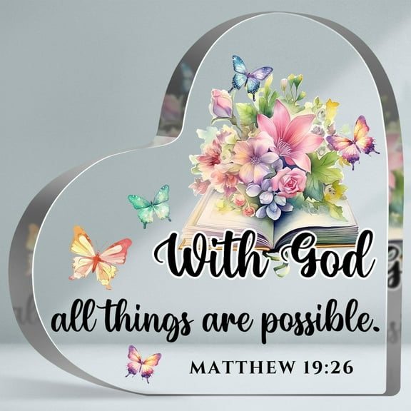 With God All Things Are Possible Sign, Bible Verse Decor Gifts for Women Men, Rustic Religious Scripture Acrylic Keepsake, Home Office Tabletop Decorative Plaque