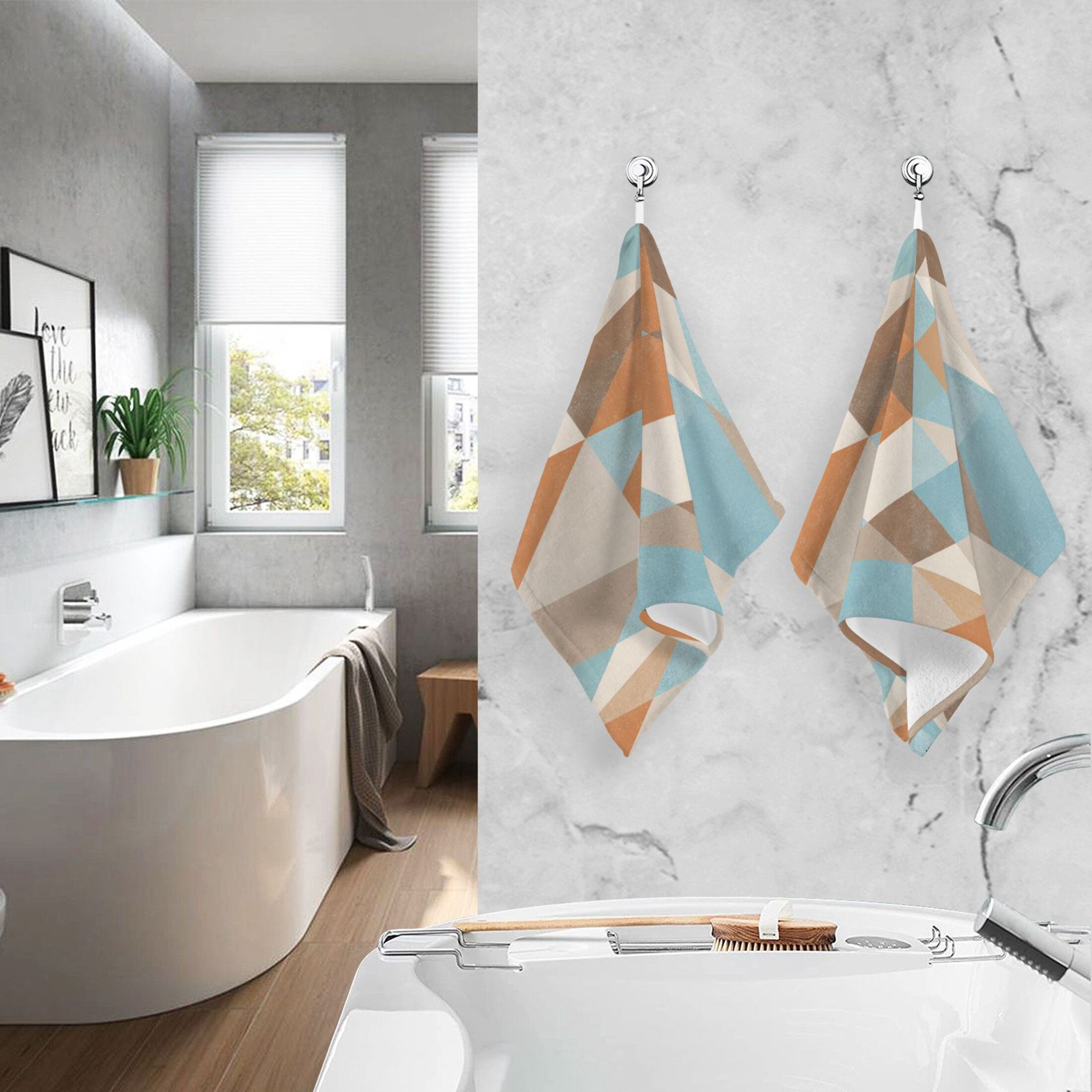 2 Pieces of Cotton Towel Face Towel Set Hand Towel Bath Towel Cotton Bath Towel Sets Terracotta Triangle Geometric Mosaic