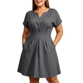 thumbnail image 2 of Karymi Plus Size Notch V-Neck A-Line Dress, Short Sleeve Waist Pleated Flare Dress with Pockets, Solid Casual Work Dress Spring Dresses for Women, 2 of 7