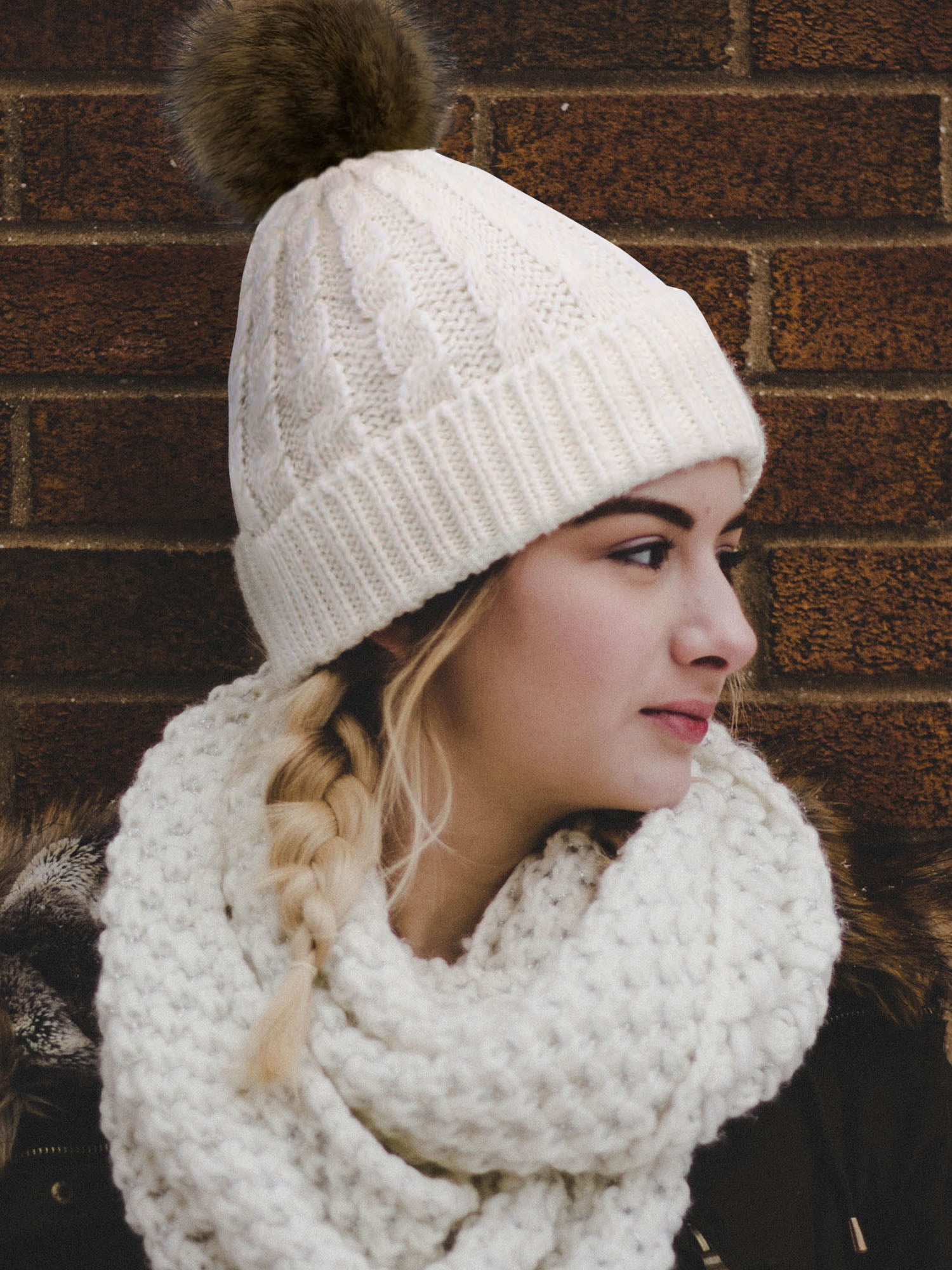 ?Women White Winter Pom Pom Beanie Hat with Warm Fleece Lined XL Angora Hat Fur Pom - Kyi Kyi main image 2