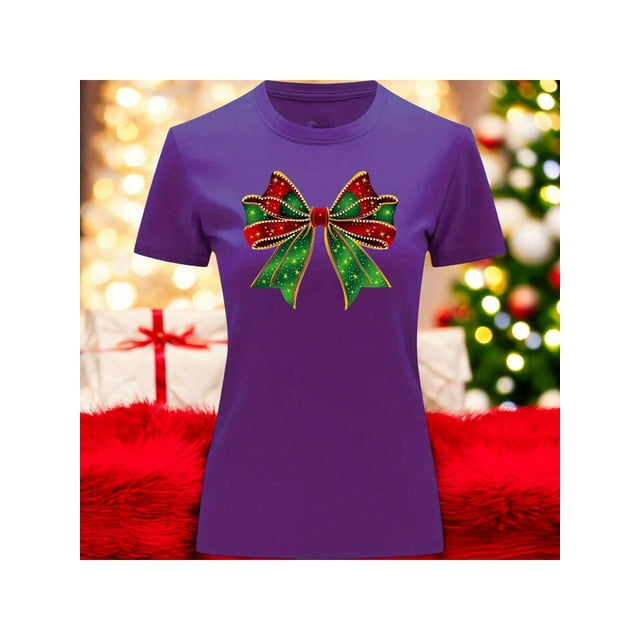 Playera Blusa Con Estampado De Moño Navideño Ropa Para Mujer Color Morado Talla Chica Marca Emil SaEs
