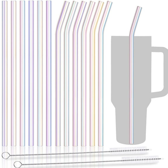 NiHome Iridescent Clear Glass Reusable Drinking Straws 12-Pack, 12"x0.35" Set of 6 Straight and 6 Bent with 2 Cleaning Brushes for Milkshakes, Frozen Drinks, Smoothies, Eco-Friendly & Dishwasher Safe