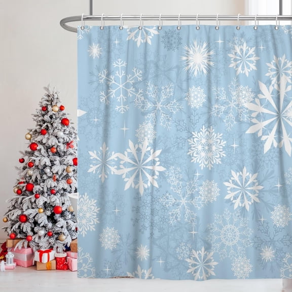 Snowflakes Shower Curtain for Bathroom Christmas Decor Shower Curtain Set with Hooks 72x84inches Light Blue White Snow Flowers X-mas Waterproof Fabric Shower Curtains