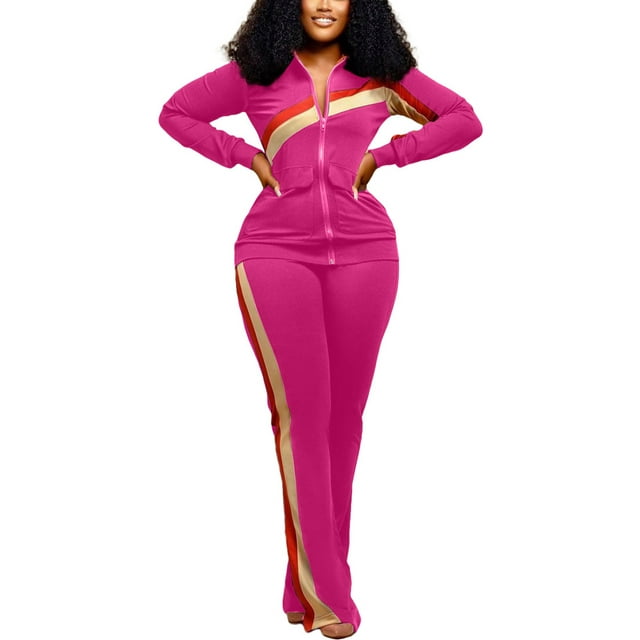 UKAP Ladies Tracksuit Set Elastic Waist Jogger Sets Solid Color Sweatsuits Athletic Home Two Piece Outfit Rose Red S