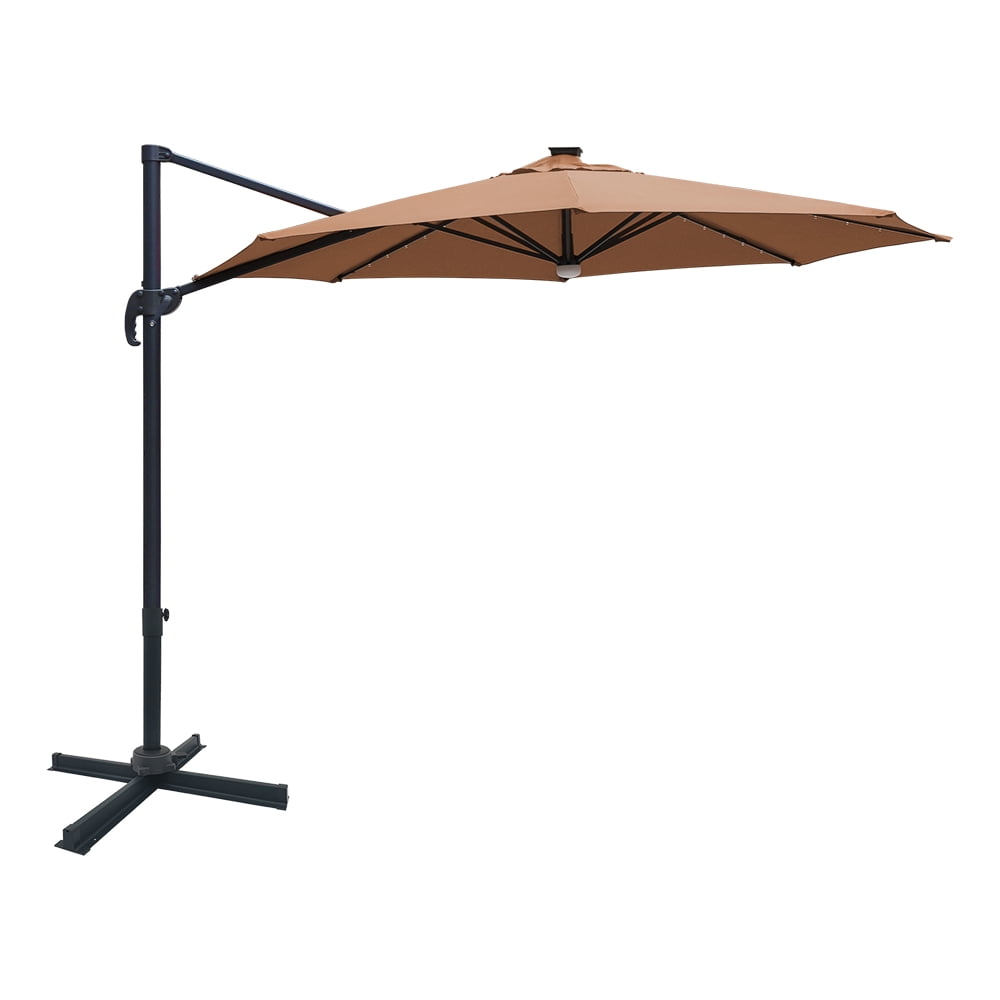 Abble 10 ft. Patio Umbrella 360-Degree Aluminum Rotation Hanging Offset Cantilever Umbrella Solar Lighted Market Umbrella, Tan