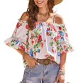thumbnail image 1 of Blusa con hombros descubiertos para mujer, manga corta, estampado floral, ribete con volantes, correa para el hombro, Top de verano blanco XXL, 1 of 8
