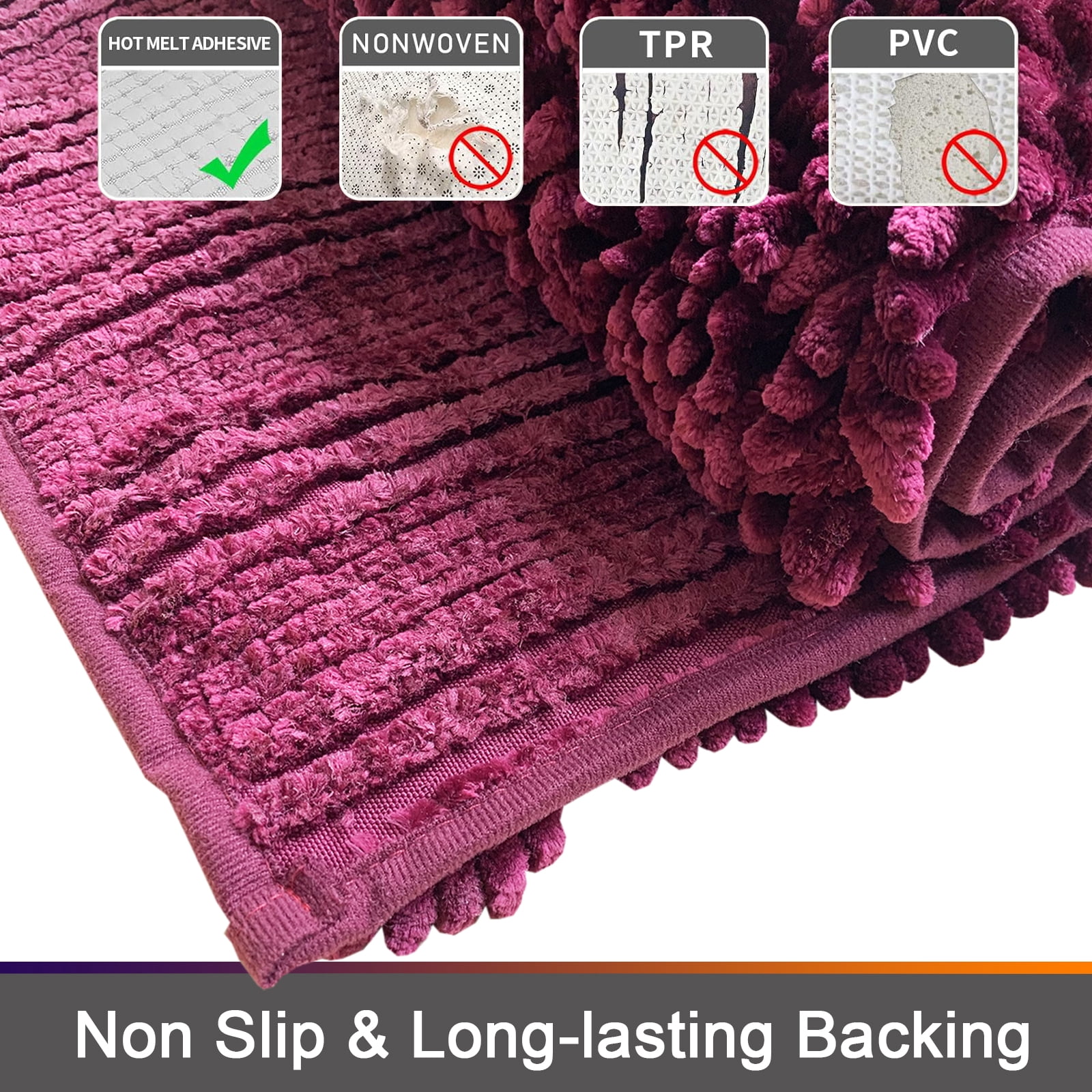 Civkor Bathroom Rugs, Bath Mats Set 2 Pieces Non Slip, 31x20 Plus 24x16Inch, Machine Washable, Soft Shiny Chenille and Quick Qry, Burgundy
