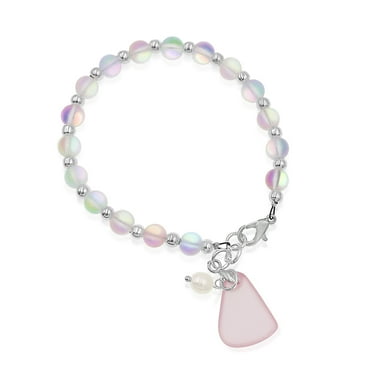 Besheek Silvertone, Clear, Pink Seaglass and Freshwater Pearl Beaded Bracelet