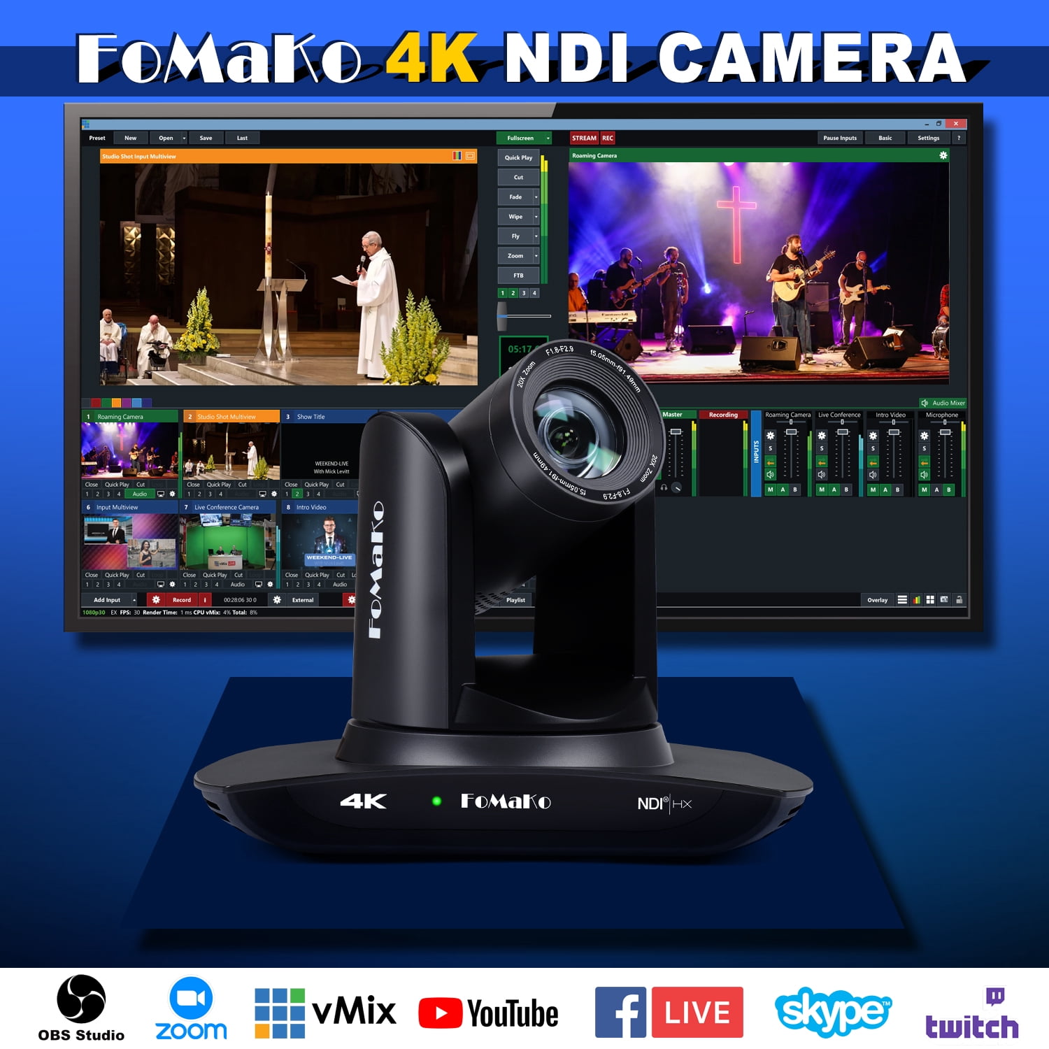 FoMaKo 4K PTZ Camera HDMI 1080P60 AI Auto-Tracking PTZ Camera 20X Optical Zoom, USB3.0 LAN HDMI PTZ Camera 4K for Church Worship Education Conference Events, K20UH
