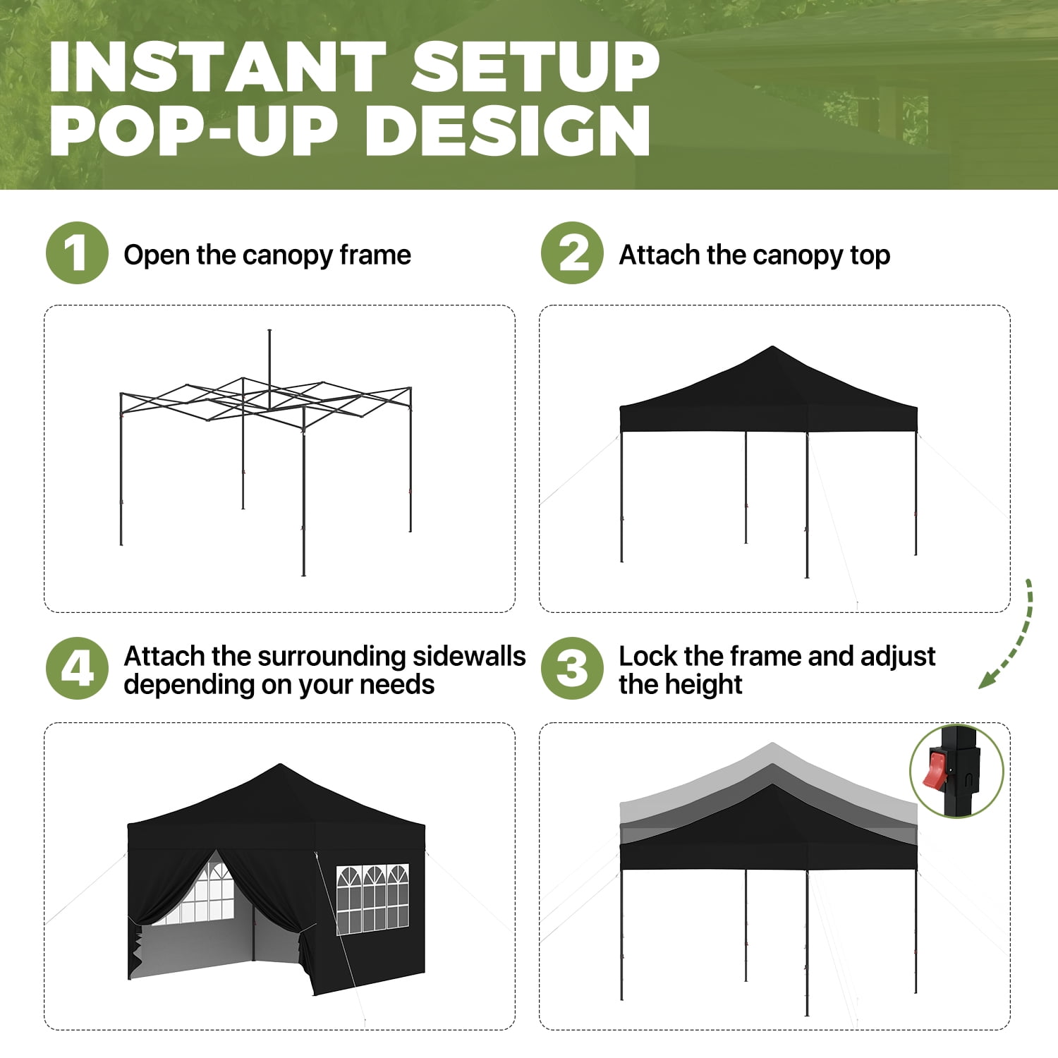 BaPiPro 10'x10' Pop Up Canopy Tent with 4 Removable Sidewalls, Adjustable Height Instant Outdoor Canopy, Portable Sun Shade Shelter with 4 Sandbags, Easy Setup for Parties, Camping, Events, Black