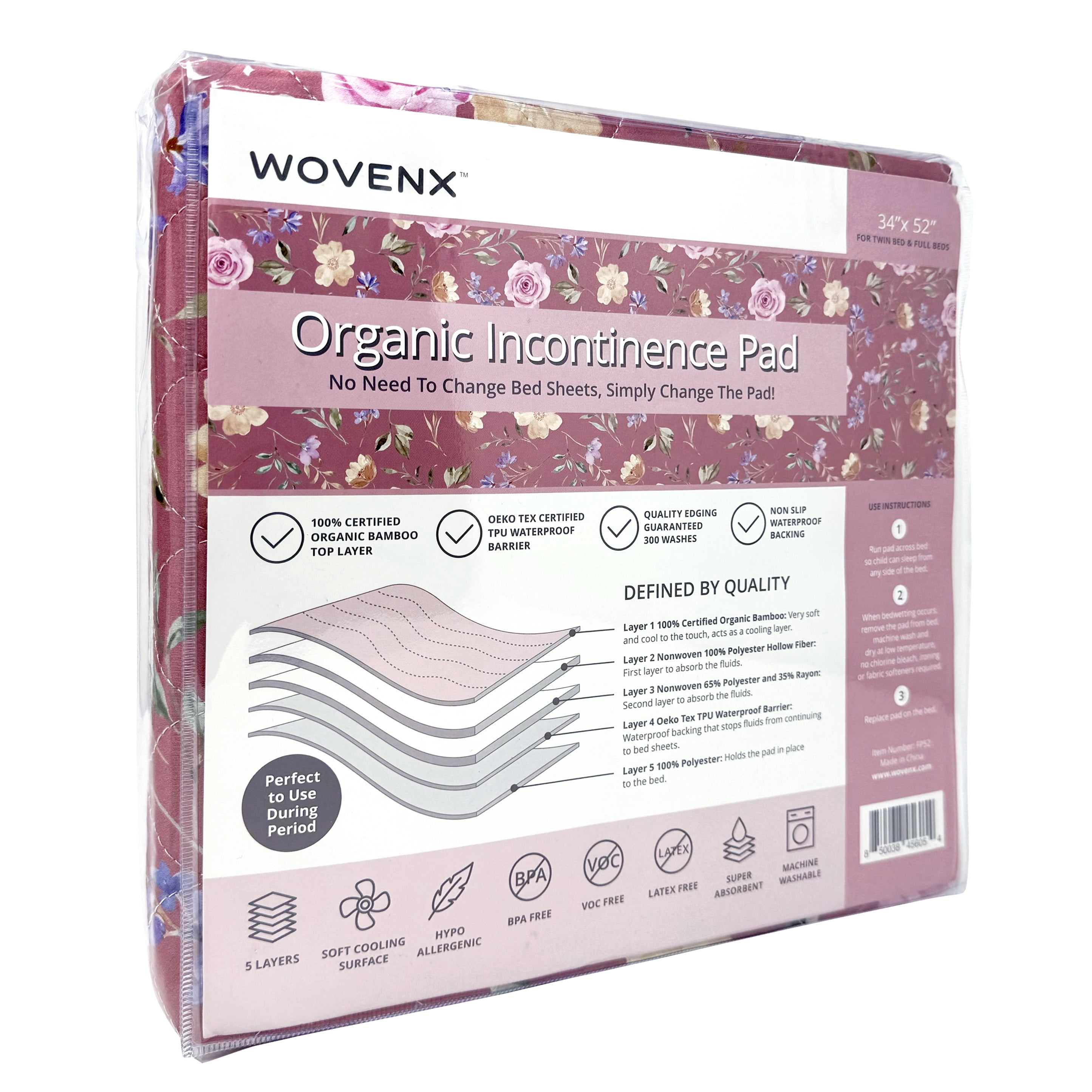 WOVENX Organic Incontinence and Period Pads for Adults - 5 Layer Waterproof Protectors for Overnight Period Wetting - Reusable & Washable Pads - Fits Twin to Full Size Beds - 34" x 52" Flower