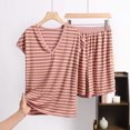 thumbnail image 2 of fatyb Womens Stripe Pajamas Sets V Neck Short Sleeve Tops Loungewear Shorts 2 Piece Ladies Pjs Outfits, 2 of 7