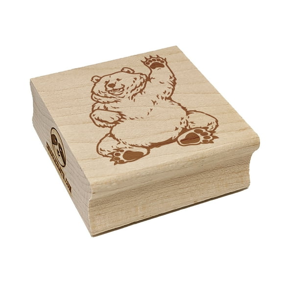 Charmingly Chubby Waving Bear Square Rubber Stamp Stamping Scrapbooking Crafting - Small 1.25in