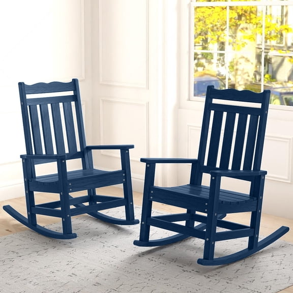 HUJAUU Patio Rocking Chair Set of 2, Weather Resistant Outdoor Porch Rocker, Garden Slat Rocking Chairs, Blue