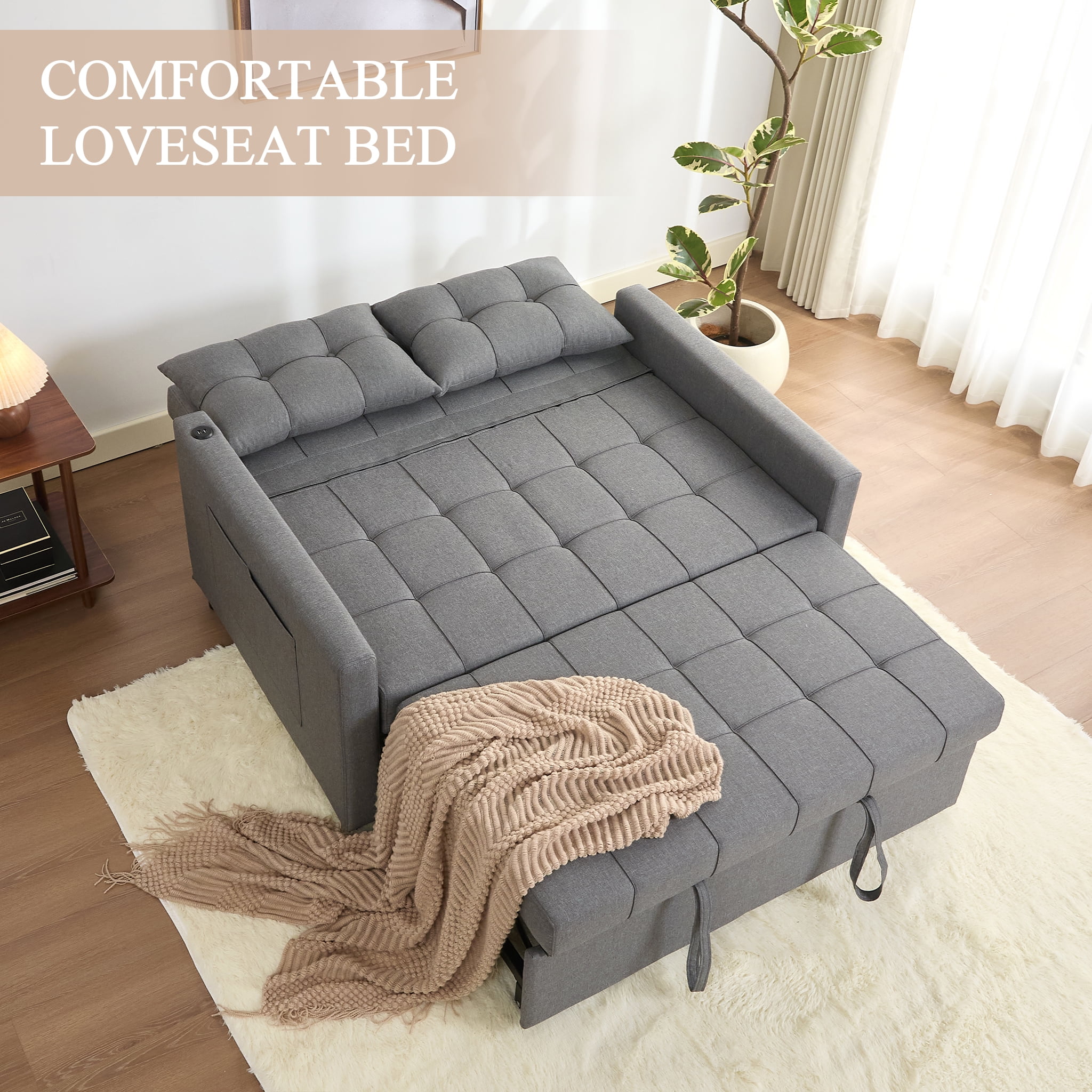 LAKPS 52" Linen 3-in-1 Convertible Sleeper Sofa with Pull-Out Bed, Stepless Adjustable Backrest & Side Pocket - for Family, Living Room, Dorm, Apartment, Linen, Light Grey