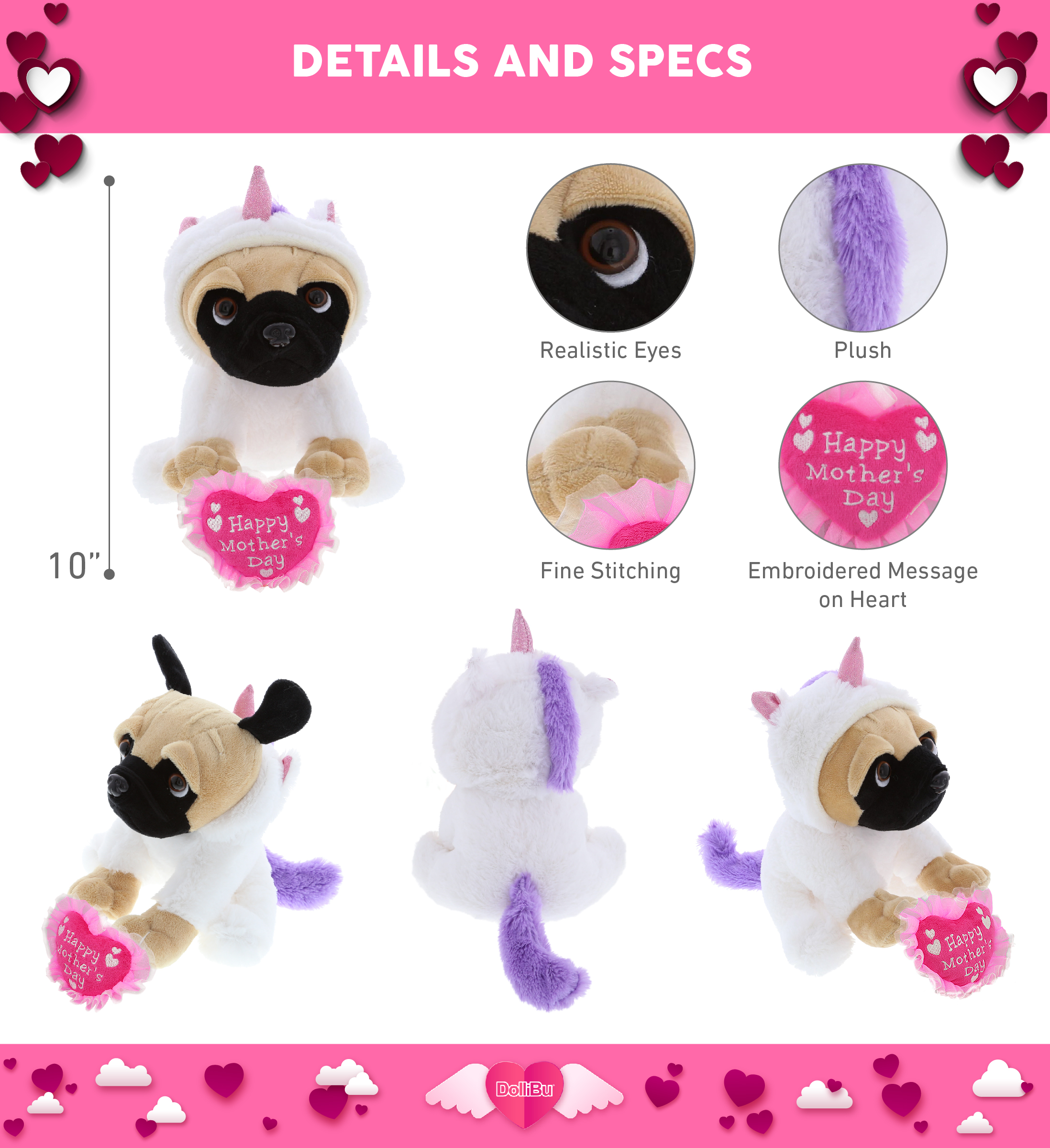 DolliBu Happy Mother's Day Super Soft Pug Dog Unicorn Plush Figure - Stuffed Animal with Pink Heart Message for Best Mommy, Grandma, Wife, Daughter - Dog Pet with Unicorn Costume Plush Toy - 6.5" Inch - image 2 of 6