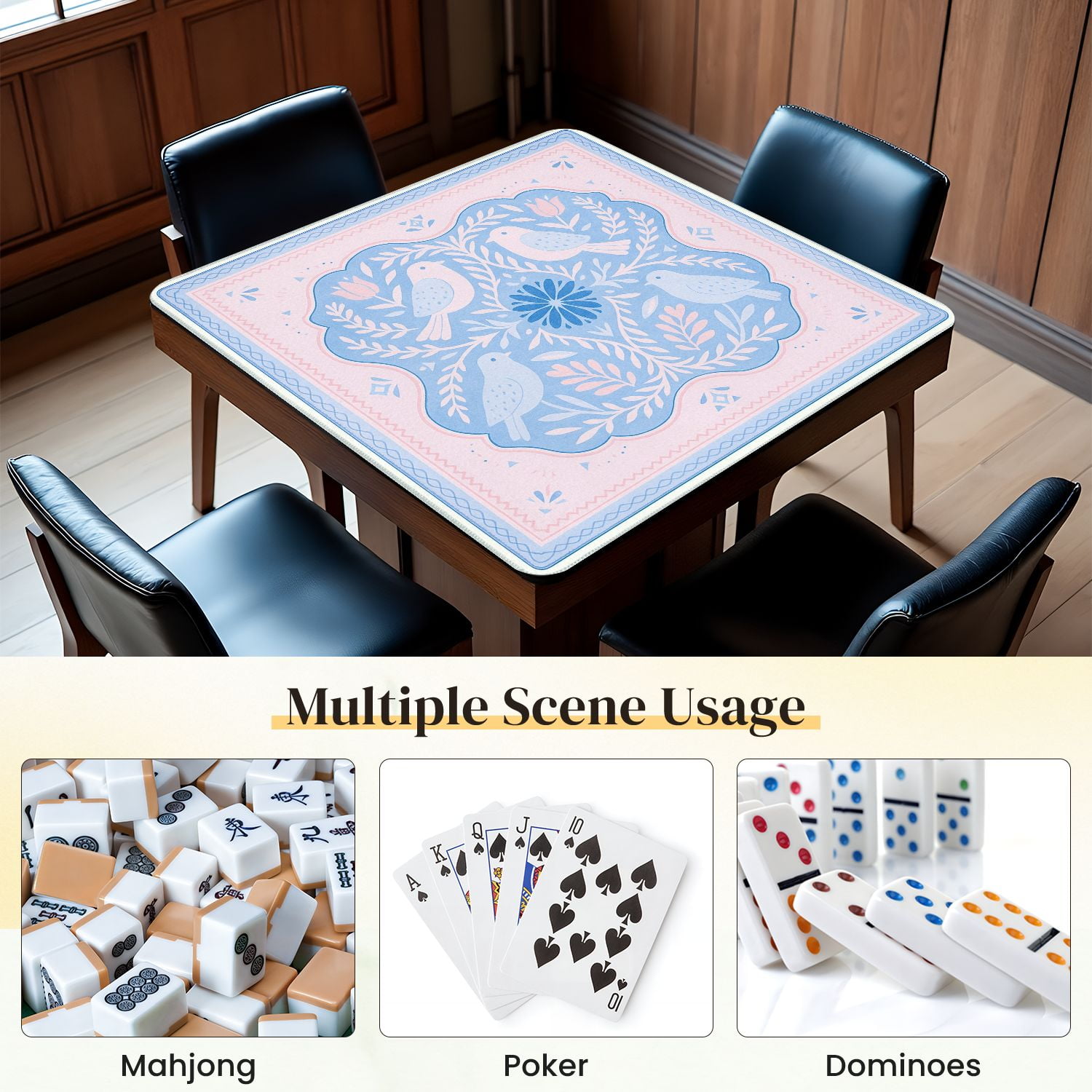 Mahjong Mat 31.5" x 31.5" Pastel Floral Birds Pink Blue Tones Anti-Slip and Noise Reduction Symmetry Design Mahjong Tiles Table Cover for Dominoes Poker Card Board and Tile Games
