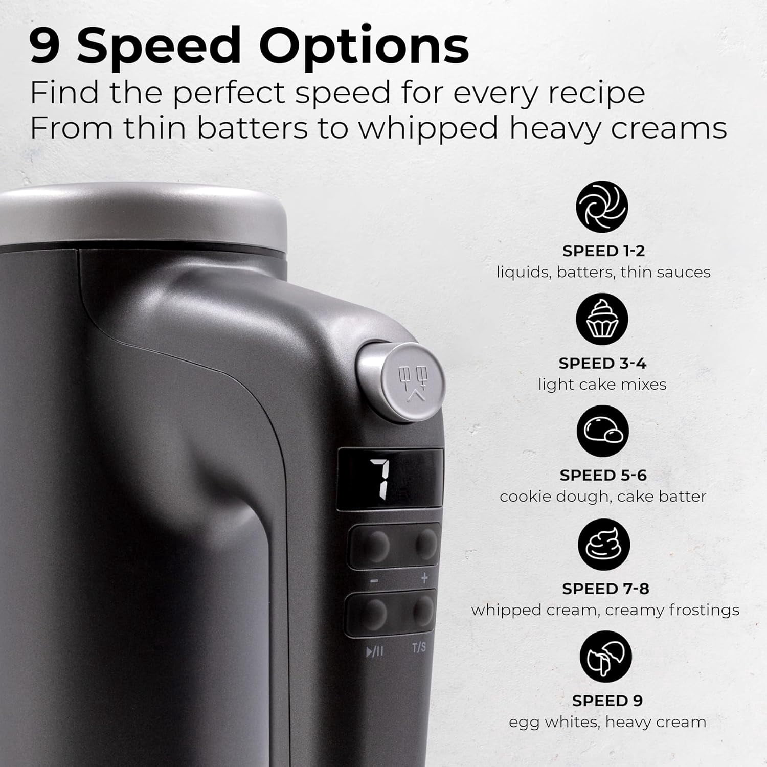 Electric Hand Mixer 9 Speed with Stainless Steel Whisk, Flat Beater & Dough Hook, Snap Storage , Compact Lightweight 350 W Powerful handheld mixer for Baking & Cooking, Gray