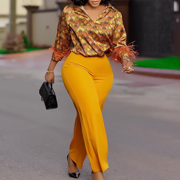 AURA Plus Size 2 Piece Pant Set Printed Long Sleeve Top Tie Waist Wide Leg Pants Elegant Fall Outfit
