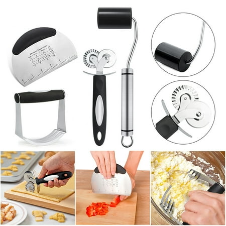 

Alexsix Stainless Steel Dough Cutter PastryBlender Set 4Pcs/set Pizza Cutter Rolling Pin Professional Baking