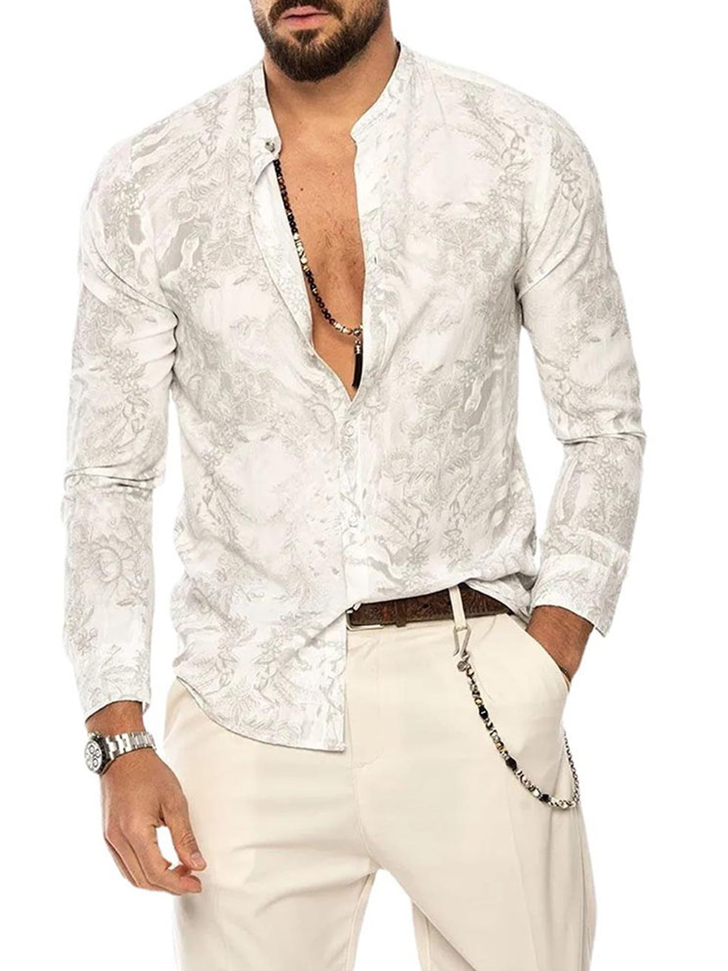 ORCLOTEN Mens Buttons Up Long Sleeve Shirts Beach Vacation Party T-Shirt Tops Tee - Walmart.com - Walmart.com