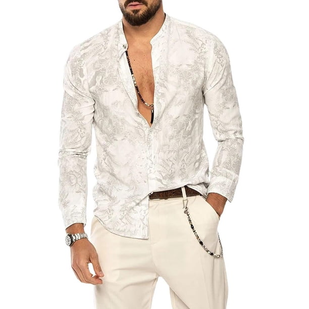 CTMAXC - Mens Printed Buttons Long Sleeve Work Shirts Office T-Shirt