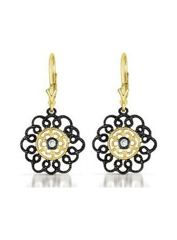 CZ Collections Black Plated 2-Tone Lace Flower Euro Earrings