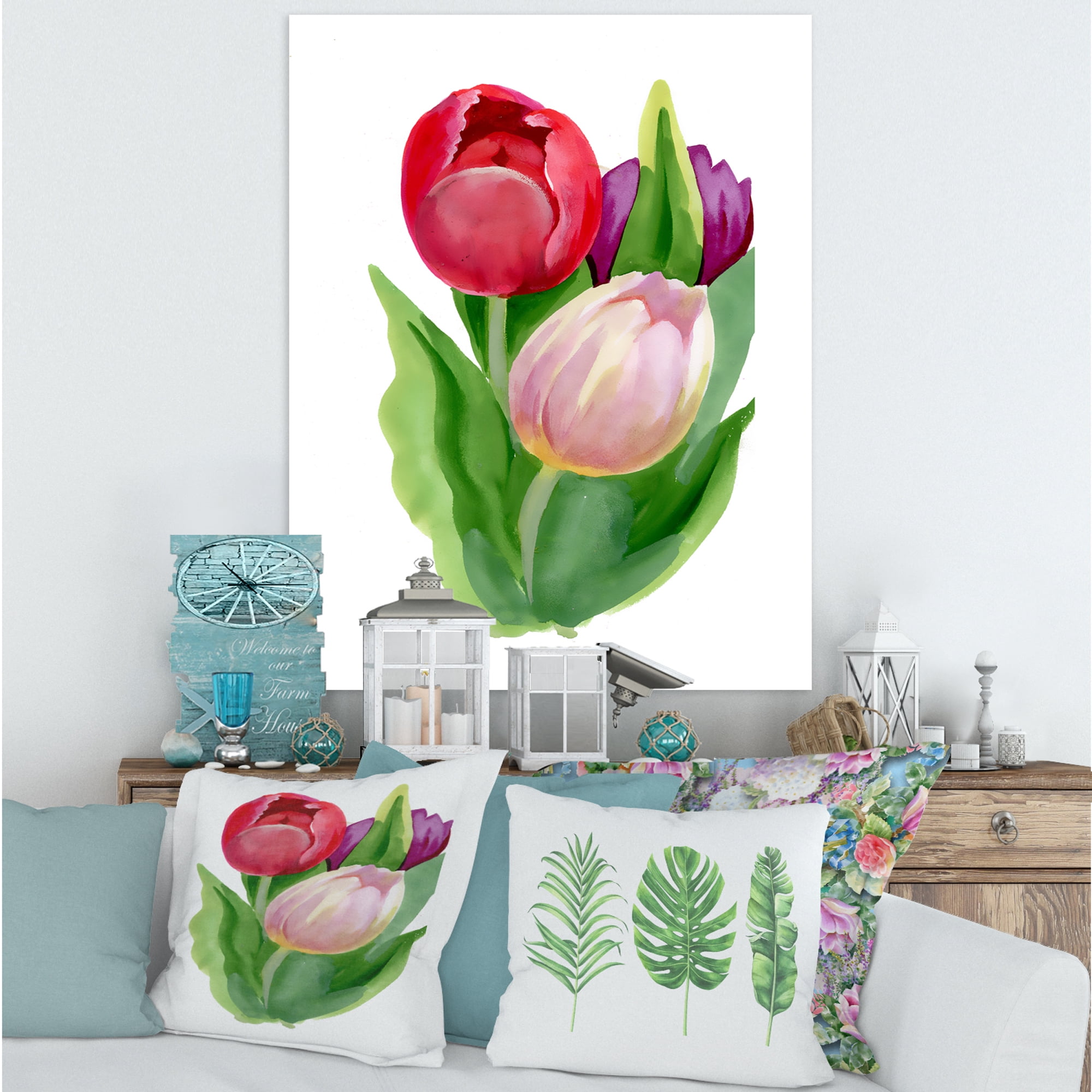 Designart ' Beautiful Tulip Flowers Red and Pink ' Traditional Canvas Wall Art Print