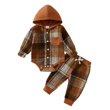 

Infant Baby Boys Clothes Baby Boys Outfits 6-12 Months Boys Long Sleeve Hooded Plaid Romper Top Pants 2PCS Fall Winter Clothing Set Brown