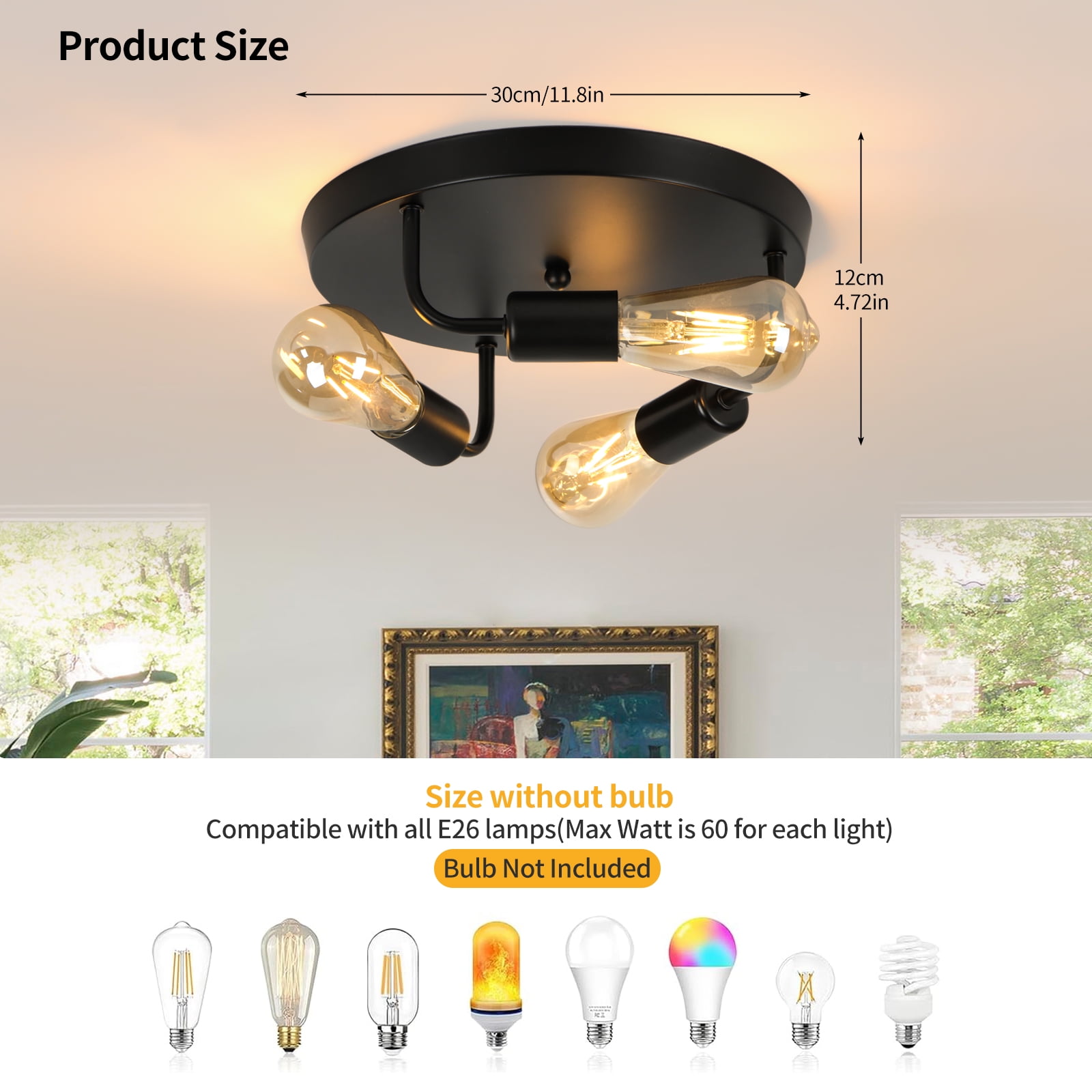 HALIGATE Flush Mount Ceiling Light Fixture,3-Light Ceiling Light Fixture for Hallway, Black Hallway Light Fixtures Ceiling,Light Fixtures Ceiling Mount for Kitchen,Farmhouse,Hall (1 Pack) (12inch)