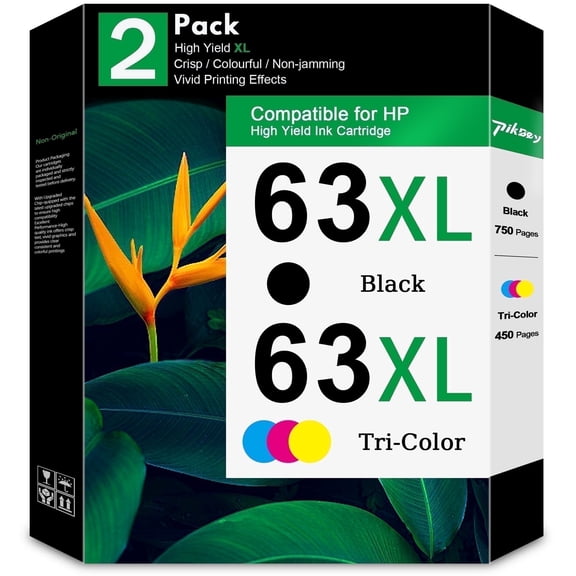 63XL Ink Cartridge 2-Pack Black/Tri-color Compatible for HP 63 Ink Cartridges for Officejet 3830 4650 5200 Envy 4520 4512 Deskjet 1112 3630 Printers