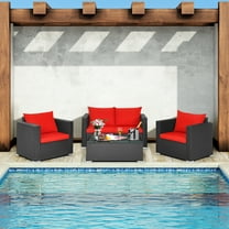 Patiojoy 4PC Patio Rattan Wicker Conversation Furniture Set Sectional Sofa & Coffee Table Red
