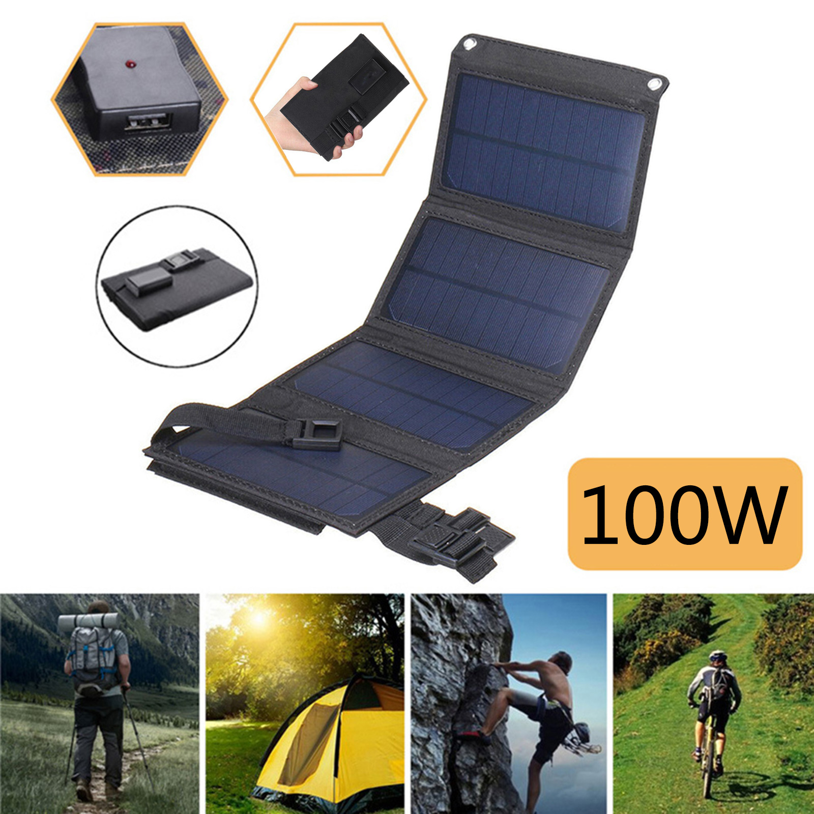 Tmalltide 100W 5V USB Solar Panel Portable Folding Foldable Waterproof Power Bank Outdoor Camping Hiking Phone Charger Cells