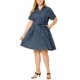 thumbnail image 1 of Women's Plus Size Dress Wrap Belted Turndown Collar Chambray Dress Dark Blue 2X, 1 of 7