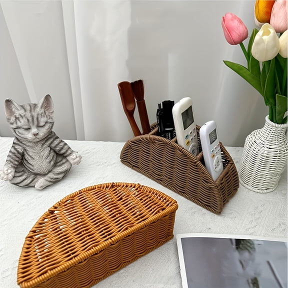 Faux Rattan Remote Control Holder, Woven Desktop Organizer Basket with Compartments, Plastic Storage Caddy for Living Room Coffee Table, Office Desk & Nightstand, Brown Home Decor Accessory