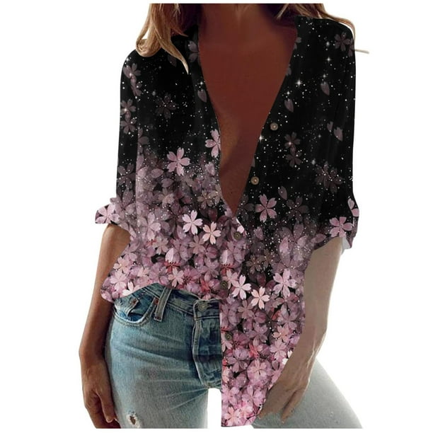 Blusa informal para mujer, cuello redondo, manga larga, estampado, camisa suelta, tops, botones, cárdigan Pompotops FGAJ6871